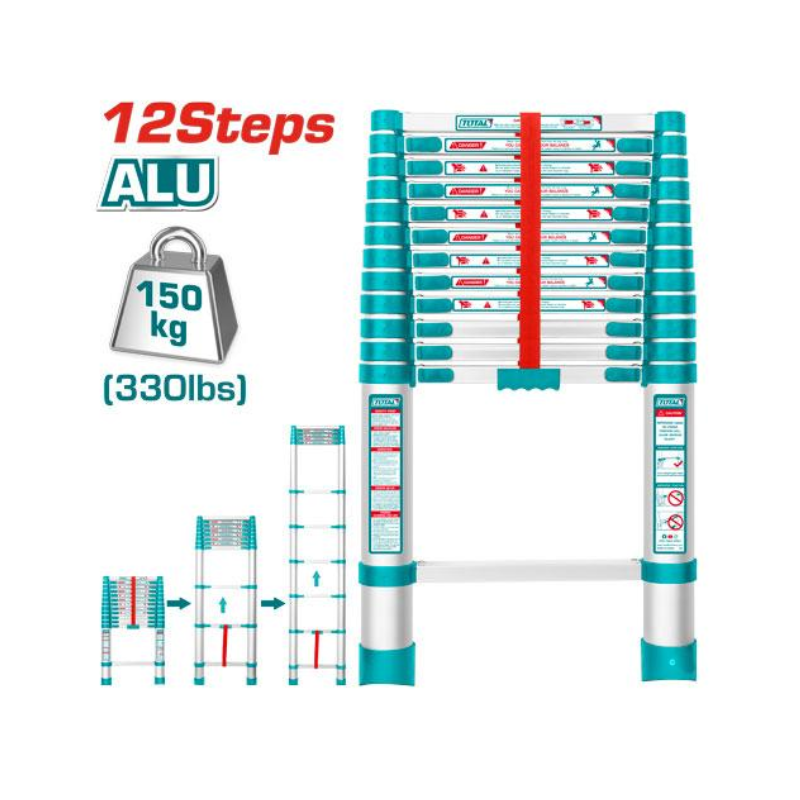 Total Telescopic Ladder with 12 Steps, Aluminium Body, Easy Carry THLAD08121 - Image 2