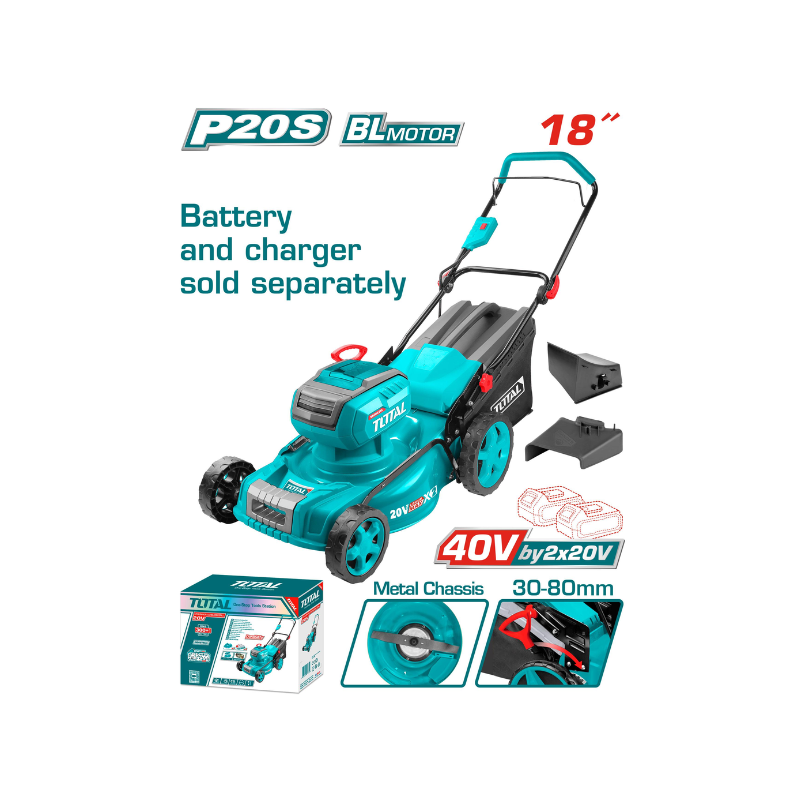 Total Lawn Mower Cordless, Lithium-ion 40V(20V+20V) with 8 Gears, Brushless Motor, 3 Functions TLMLI20185 - Image 2