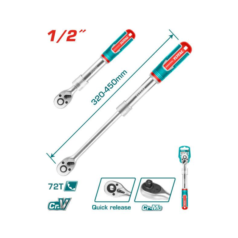Total Extendable Ratchet Wrench 1/2" 72T Heat Treatment, Chromed Plated THT106128L - Image 2