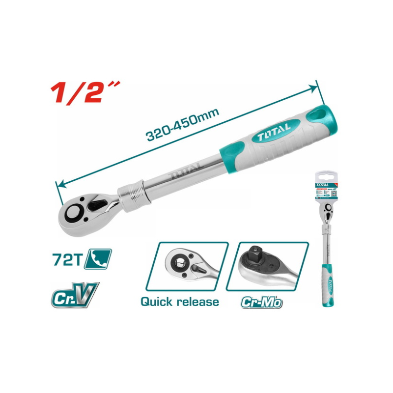 Total Extendable Ratchet Wrench 1/2" 72T Heat Treatment, Chromed Plated THT106128L - Image 3