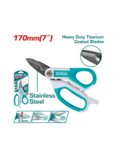 Total Electrician's Scissor 170mm 7" for Electrical & Data Cable Work with Integrated Cable Cutter, Titanium Plated Stainless Steel THES051708