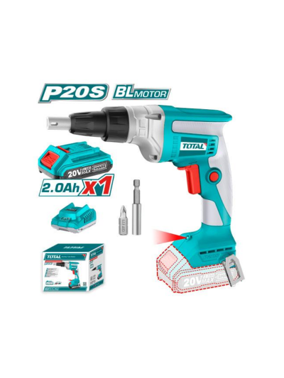 Total Drywall Screwdriver Cordless, Lithium-ion 20V with 2.0Ah Battery, Charger, Screwdriver Bit & Bit Holder TDSLI204200
