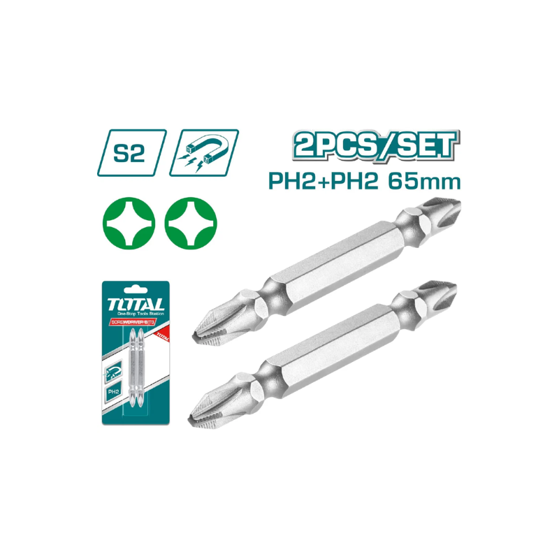 Total Magnetic Tip Screwdriver Bit PH2+PH2 65mm, S2 Industrial Steel 2pcs Set TAC16PH234 - Image 2