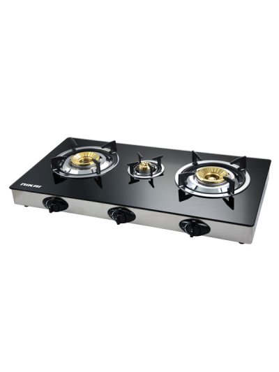 Nikai Gas Cooker 3 Burner Triple Gas Burner Glass Top Auto Ignition Black 7MM Tempered Glass Panel NG5093G