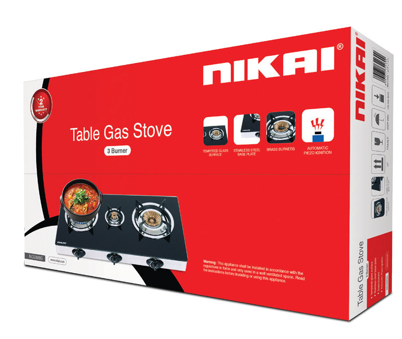 Nikai Gas Cooker 3 Burner Triple Gas Burner Glass Top Auto Ignition Black 7MM Tempered Glass Panel NG5093G - Image 3