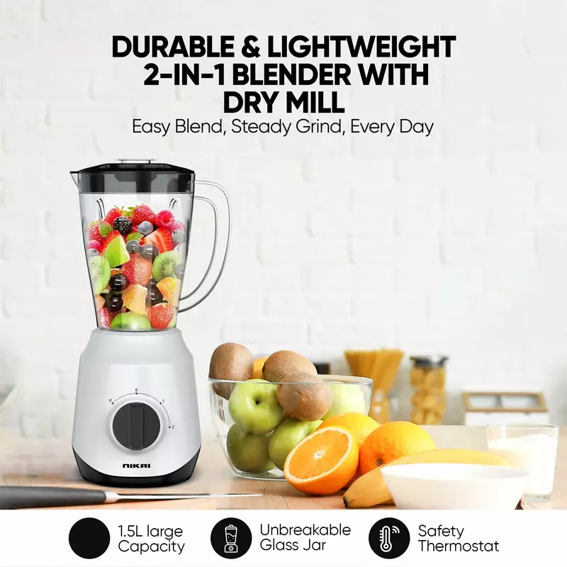 Nikai Blender 1.5L 450W 2 in 1 Unbreakable PC Jar 3 Speeds Stainless Blades Easy To Clean Detachable Parts Perfect for Blending and Grinding - NB2511AX - Image 2