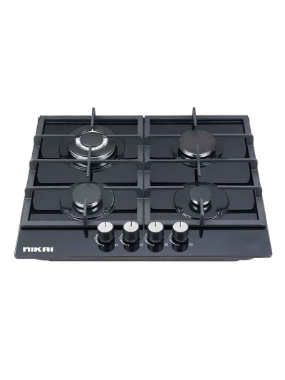 Nikai Gas Built In Hob Cast Iron Pan Support 4 Gas Burner with FFD Projector and Auto Ignition 58x50x12cm 8MM Tempered Glass NGH44G