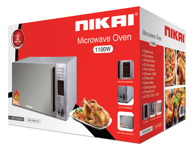 Nikai Microwave Oven 30L 1100W with Grill Digital Mirror Finish 10 Auto Cook Mode Child Lock DeFrost By Weight Kitchen Timer NMO300MDG - Image 2