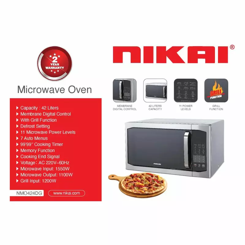 Nikai Microwave Oven 42L 1100W 11 Microwave Power Levels 7 Auto Menu with Defrost & Grill Function Membrane Digital Control Memory Function NMO424DG - Image 3