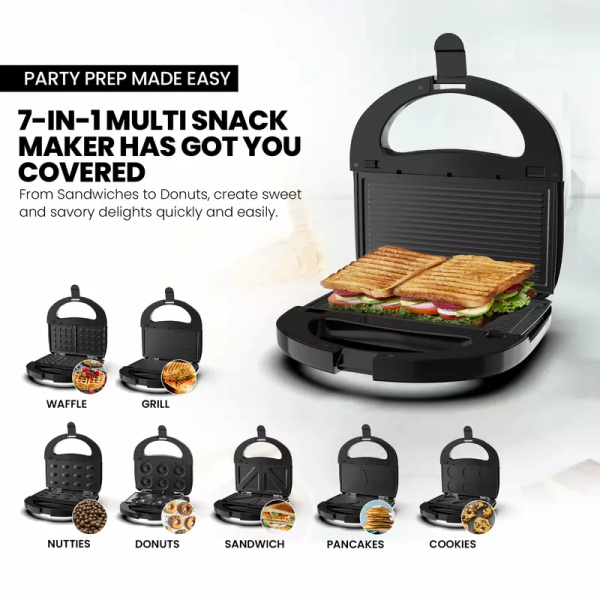 Nikai Sandwich Grill & Multi Snack Maker 750W 2 Slot Non-Stick 7-in-1 Interchangeable Plates for Grill Toaster Pancakes Cookies Waffles Donuts Cupcakes & Nutties Dishwasher Safe - NGT727D - Image 7