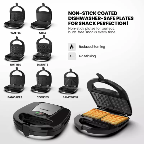 Nikai Sandwich Grill & Multi Snack Maker 750W 2 Slot Non-Stick 7-in-1 Interchangeable Plates for Grill Toaster Pancakes Cookies Waffles Donuts Cupcakes & Nutties Dishwasher Safe - NGT727D - Image 3
