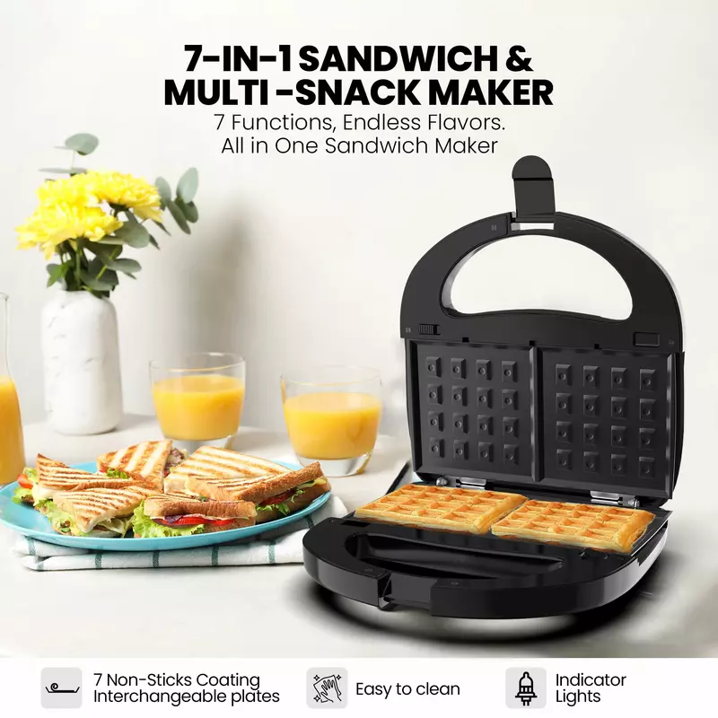 Nikai Sandwich Grill & Multi Snack Maker 750W 2 Slot Non-Stick 7-in-1 Interchangeable Plates for Grill Toaster Pancakes Cookies Waffles Donuts Cupcakes & Nutties Dishwasher Safe - NGT727D - Image 5