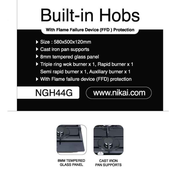 Nikai Gas Built In Hob Cast Iron Pan Support 4 Gas Burner with FFD Projector and Auto Ignition 58x50x12cm 8MM Tempered Glass NGH44G - Image 2