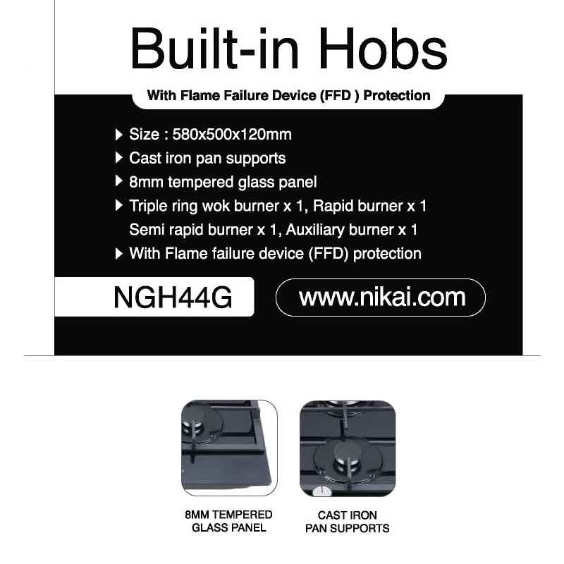 Nikai Gas Built In Hob Cast Iron Pan Support 4 Gas Burner with FFD Projector and Auto Ignition 58x50x12cm 8MM Tempered Glass NGH44G - Image 2