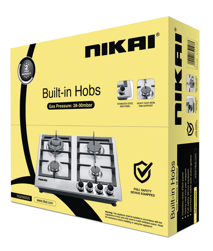 Nikai Gas Built In Hob Stainless Steel 4 Burner with FFD and Auto Ignition 50x45x25cm NGH3005N - Image 5