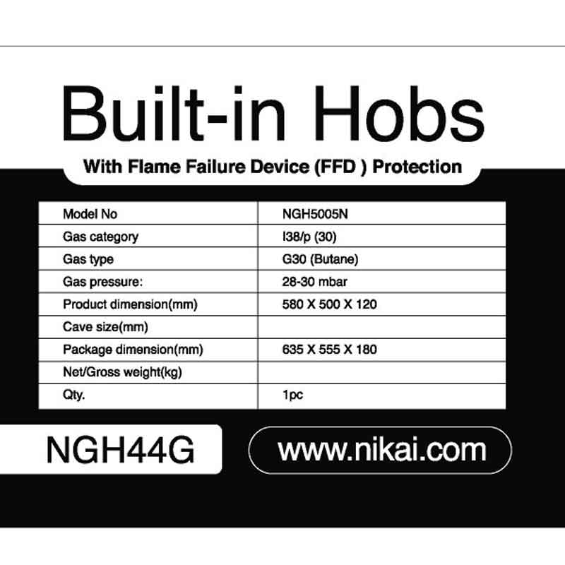 Nikai Gas Built In Hob Cast Iron Pan Support 4 Gas Burner with FFD Projector and Auto Ignition 58x50x12cm 8MM Tempered Glass NGH44G - Image 3