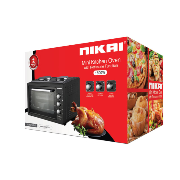 Nikai Oven 20L 2 Hot Plate 1800W 6 Stages Heating Selector 100-250ºC Adjustable Temperature 60 Minutes Timer With Bell NT4520RHT Black